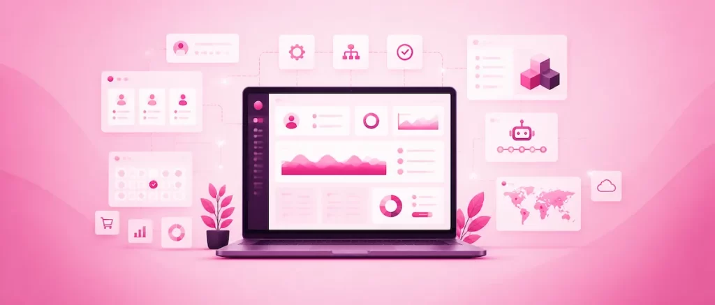 Ilustracija napredne web stranice s centralnim dashboardom, povezanim modulima, korisničkim računima, automatizacijama, integracijama i analitikom, u ružičasto-ljubičastim tonovima.