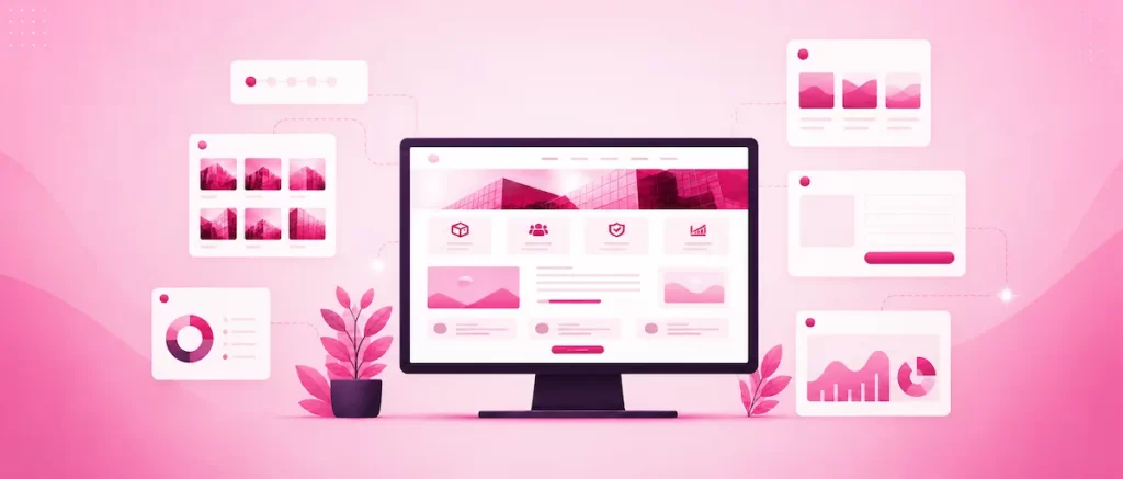 Ilustracija standardne poslovne web stranice s preglednim ekranom, povezanim sadržajnim karticama, kontakt obrascem, referencama i osnovnom analitikom, u ružičasto-ljubičastim tonovima.