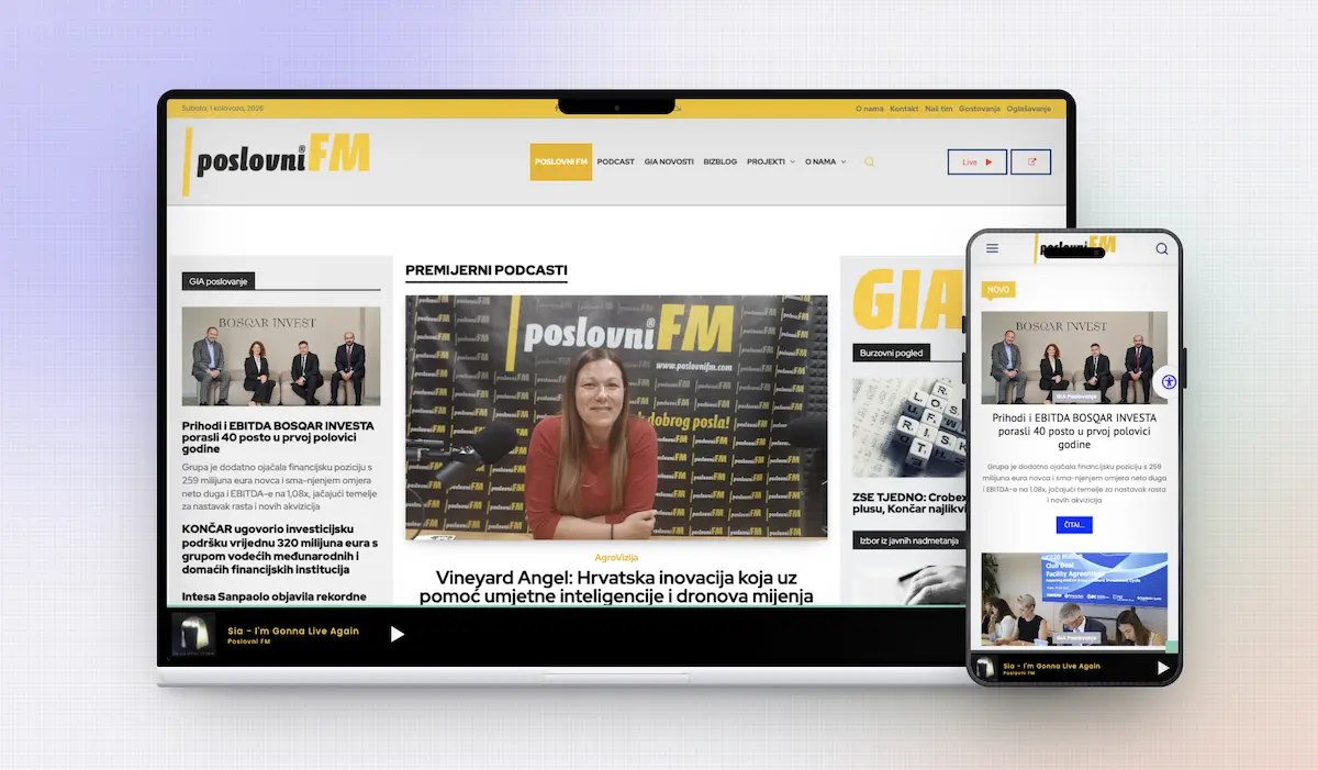 Responzivan web dizajn za PoslovniFM prikazan na laptopu i mobitelu