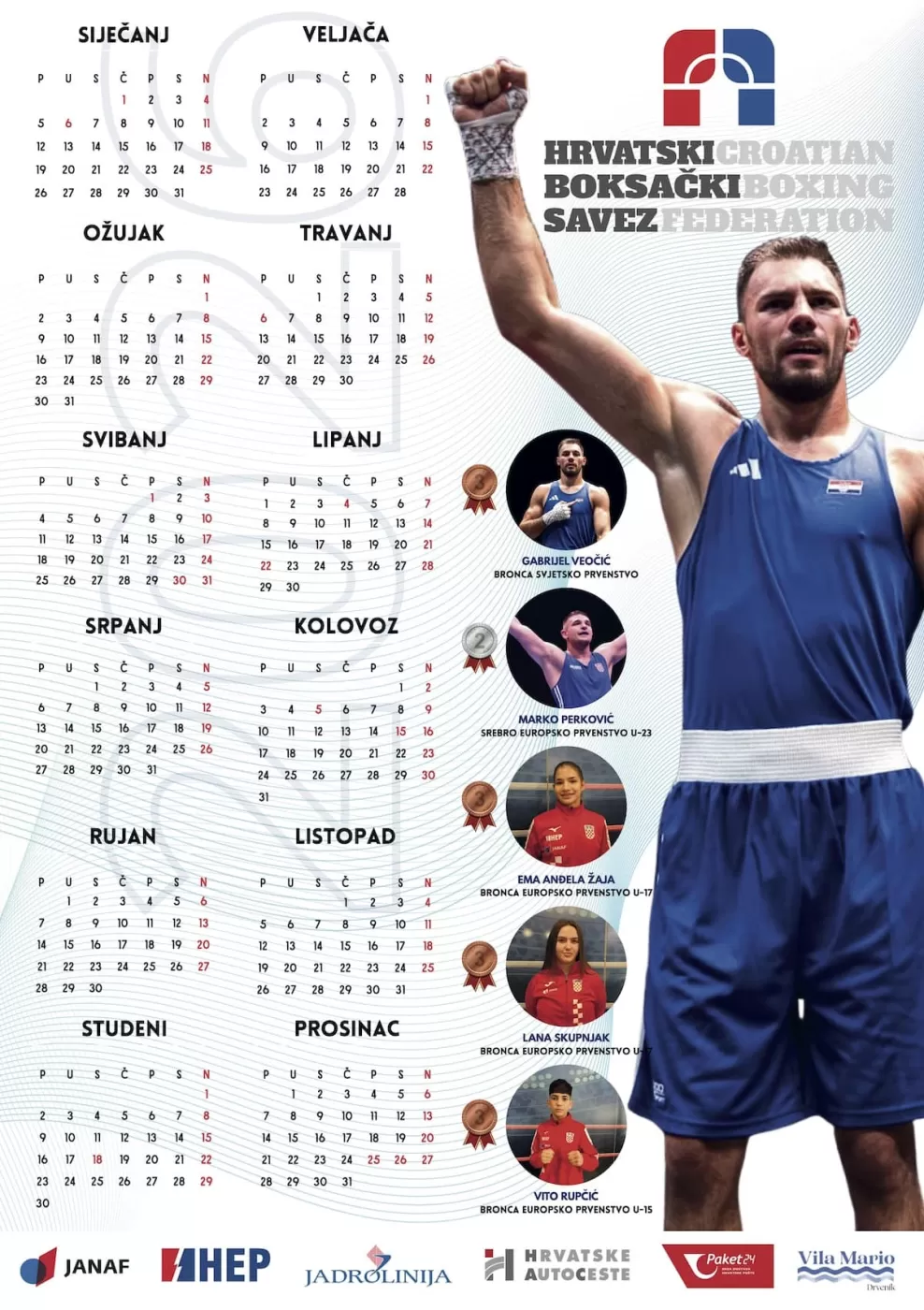 Promotivni kalendar za 2026. godinu Hrvatskog boksačkog saveza s prikazom medalja reprezentativaca