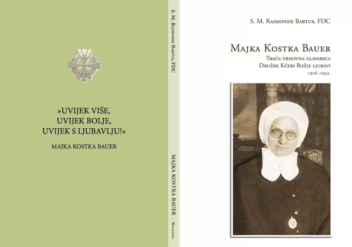 Naslovnica i hrbat knjige "Majka Kostka Bauer" – grafička priprema, autorica S. M. Raimonde Bartus, FDC