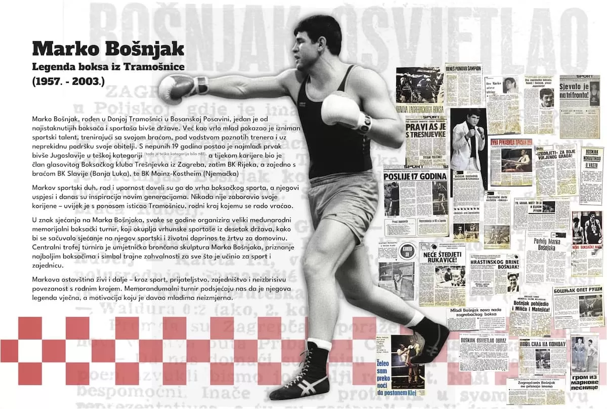 Memorijalni plakat "Marko Bošnjak – legenda boksa iz Tramošnice" s arhivskim novinskim isječcima