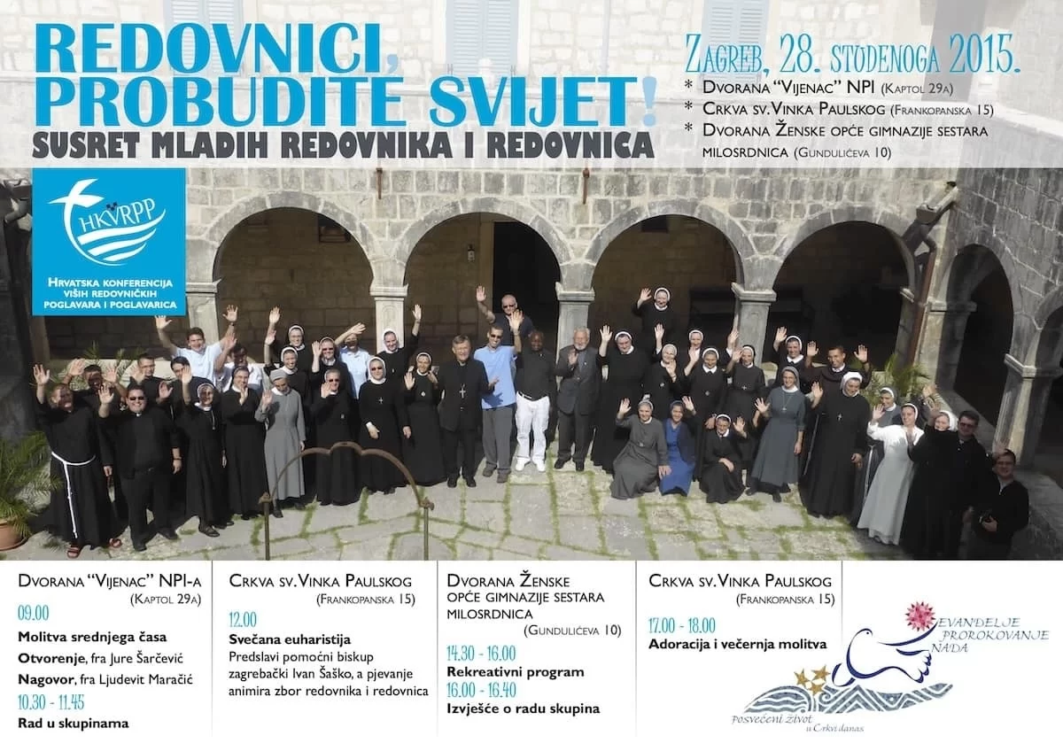 Plakat "Redovnici, probudite svijet! – Susret mladih redovnika i redovnica", Zagreb, 28. studenoga 2015.