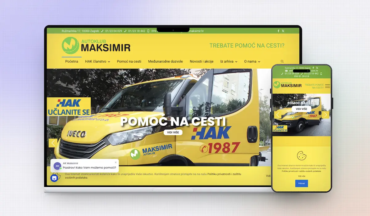 Responzivan web dizajn za AK Maksimir prikazan na laptopu i mobitelu