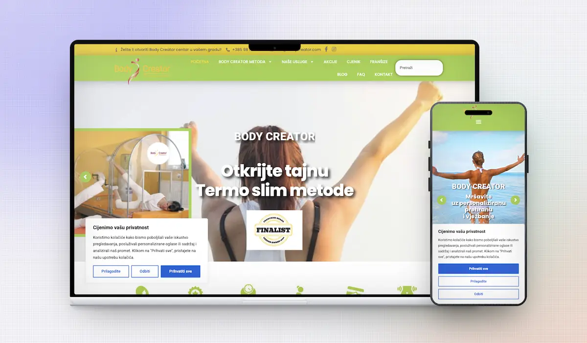 Responzivan web dizajn za Body Creator prikazan na laptopu i mobitelu