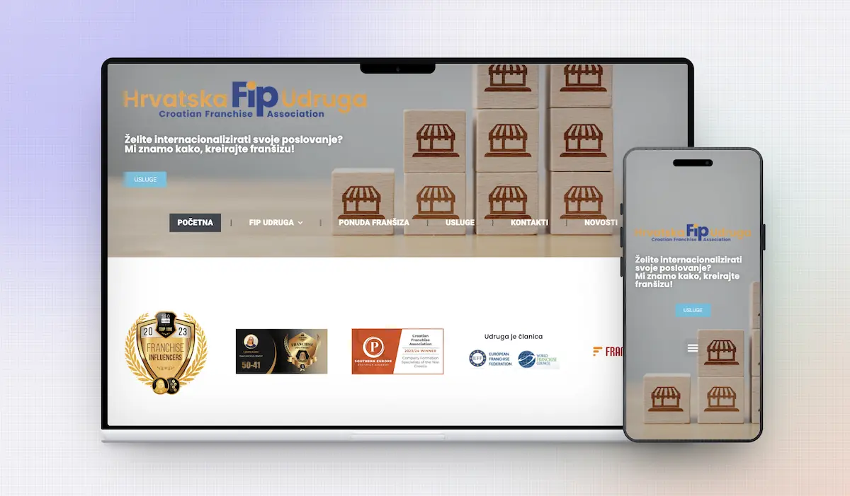 Responzivan web dizajn za Hrvatsku FIP udrugu prikazan na laptopu i mobitelu