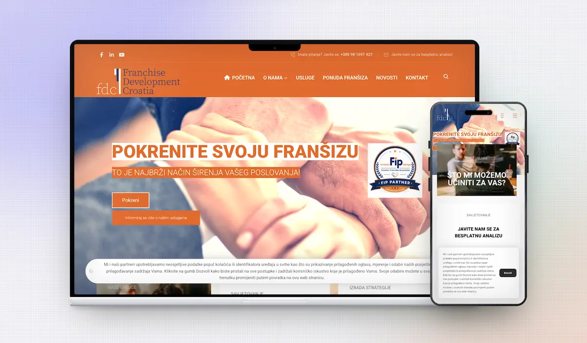 Responzivan web dizajn za Franchise development Croatia prikazan na laptopu i mobitelu