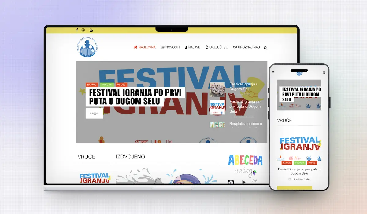 Responzivan web dizajn za Društvo naša djeca Dugo Selo prikazan na laptopu i mobitelu