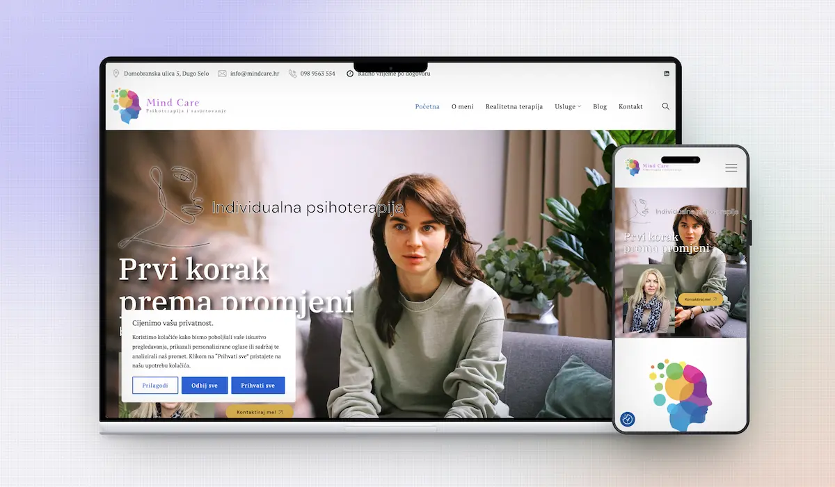 Responzivan web dizajn za Mind Care prikazan na laptopu i mobitelu