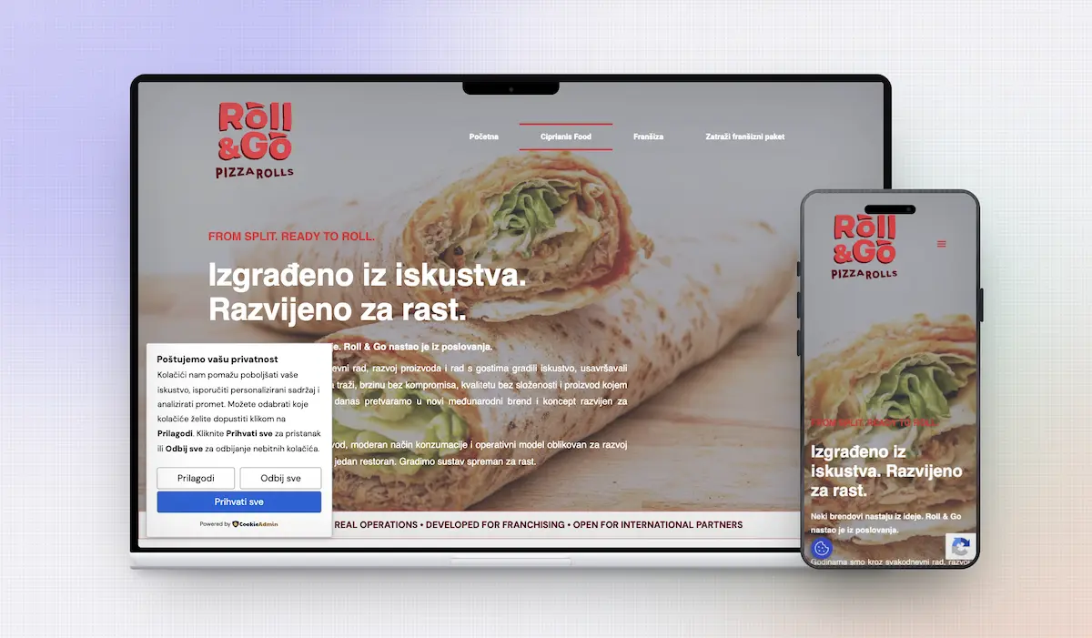 Responzivan web dizajn za Roll&Go prikazan na laptopu i mobitelu