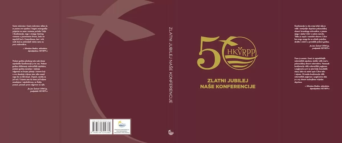 Naslovnica i hrbat knjige "Zlatni jubilej naše konferencije" – grafička priprema za 50. obljetnicu HKVRPP-a